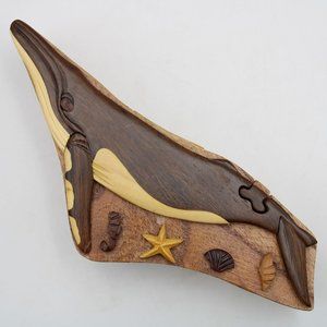Wood Intarsia Humpback Whale Puzzle Box Secret Trinket Stash Inside